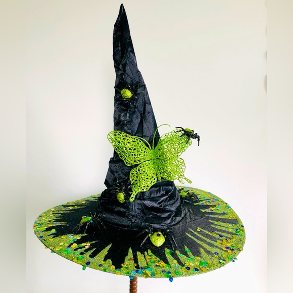Witch hat, black satin Green sparkles, extra large, green butterfly & spiders OS - Picture 3 of 15